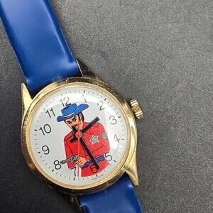 Vintage Cowboy Cartoon Watch Swiss Movement Blue Band WORKS Working